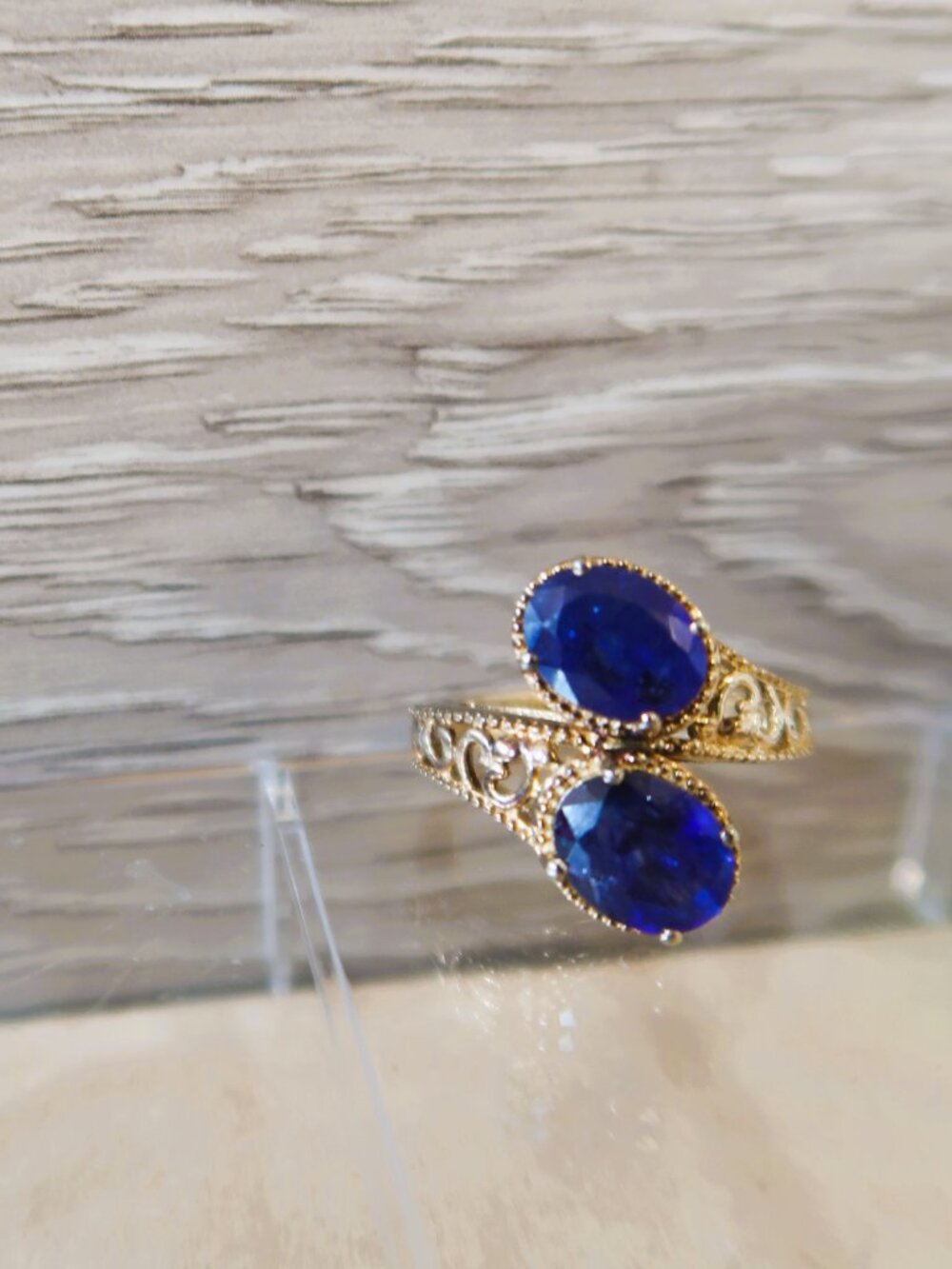 Double Blue Oval Filigree Ring STS 925 Gold Tone Size 6 Chunky Unisex